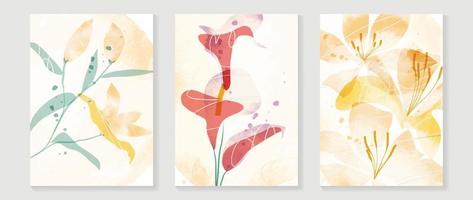 Abstract floral cover background vector. Set of spring plant hand drawn template with flowers, leaves, wildflower. Colorful watercolor texture design for wallpaper, banner, prints, interior, poster. vector