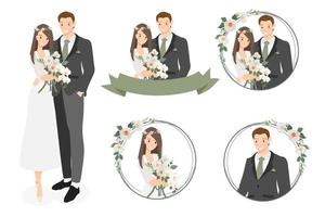 cute cartoon young wedding couple wreath logo in white camellia wreath vector