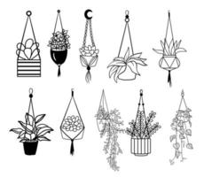 Hand drawn hanging house plants. Black silhouettes of different plants in pots. Vector illustration isolated on white background